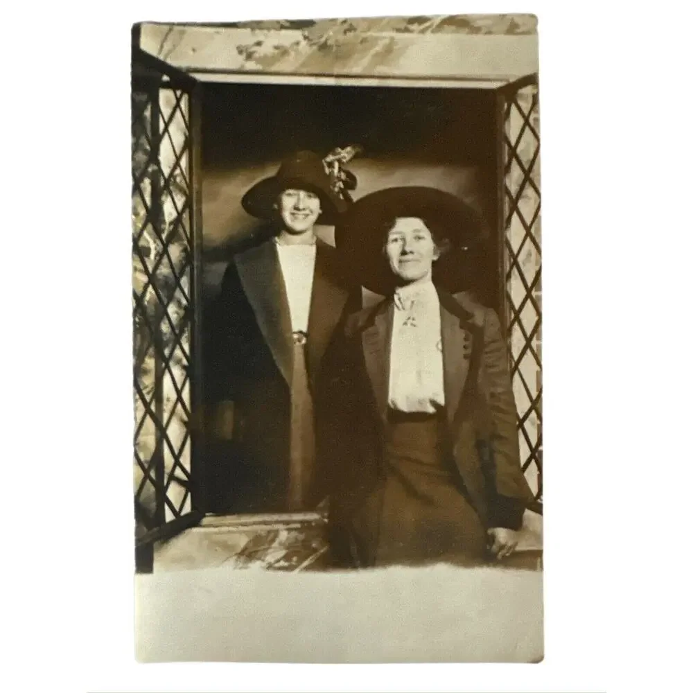 Antique RPPC Postcard Portraits Ephemera Two Women Portrait Greeting Card Sepia
